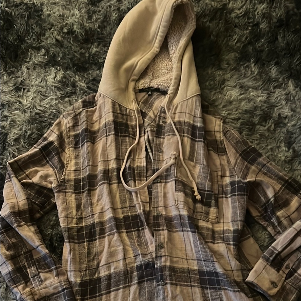 Plaid Hooded Shirt with Beige Accents